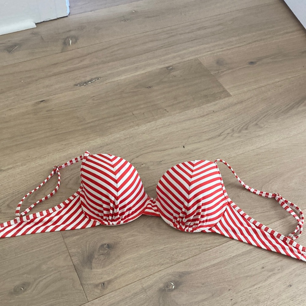 Red striped bikini top.